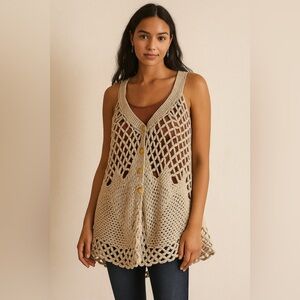 Free People Beige Open-Knit Button Front Vest